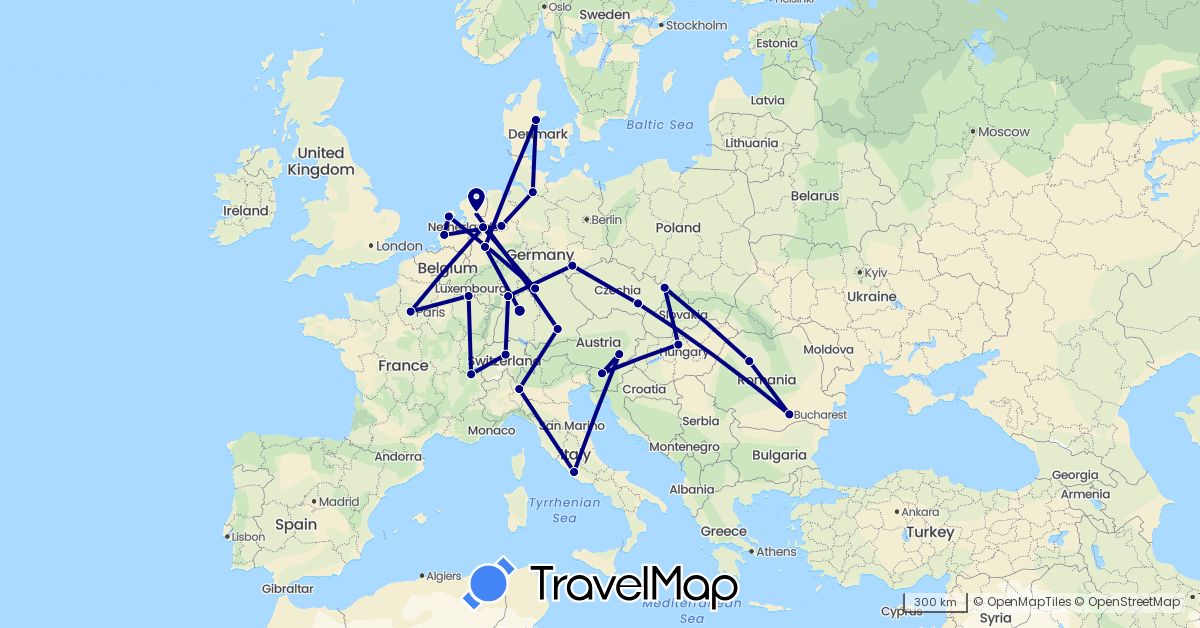 TravelMap itinerary: driving in Austria, Switzerland, Czech Republic, Germany, Denmark, France, Hungary, Italy, Luxembourg, Netherlands, Romania, Slovenia (Europe)